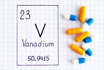 Handwriting chemical element Vanadium V with some pills.