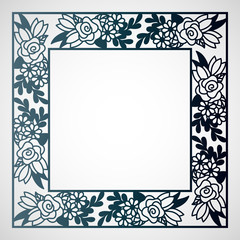 Openwork square frame with floral pattern. Laser cutting template for greeting cards, envelopes, wedding invitations.