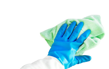 Employee hand in rubber protective glove with micro fiber cloth wiping wall from dust. Maid or housewife cares about house. Spring general or regular clean up.