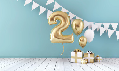 Happy 2nd birthday party celebration balloon, bunting and gift box. 3D Render