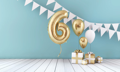 Happy 6th birthday party celebration balloon, bunting and gift box. 3D Render