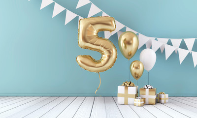 Happy 5th birthday party celebration balloon, bunting and gift box. 3D Render
