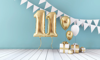 Happy 11th birthday party celebration balloon, bunting and gift box. 3D Render