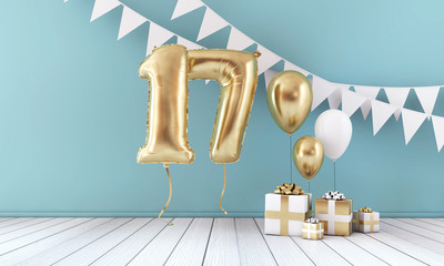 Happy 17th birthday party celebration balloon, bunting and gift box. 3D Render