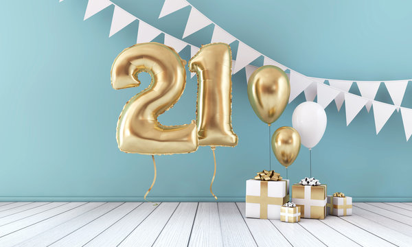 Happy 21st birthday party celebration balloon, bunting and gift box. 3D Render