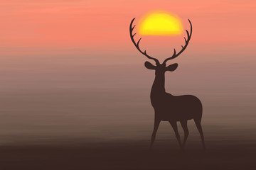 Bright sunset- sunlight summer drawn illustration with lonely deer silhouette