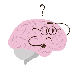 Funny brain is looking for an answer on a white background.  