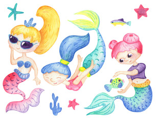 Cute mermaid characters and fish on white background. Watercolor mermaid girl. Colorful girl...