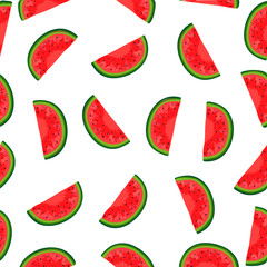 Vector watermelon background with black seeds. Seamless watermelons pattern. Vector background with watercolor watermelon slices. Cute seamless vector pattern with watermelons.