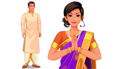 Illustration of Indian couple in Indian traditional dress