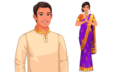 Illustration of Indian couple in traditional outfit
