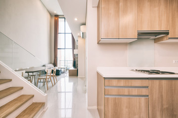 interior of a kitchen and living room of a modern apartment