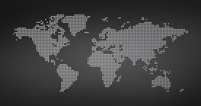 World map dotted style, vector illustration isolated on black background.
