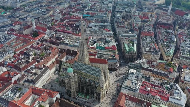 Aerial view of St. Stephen's Cathedral (Domkirche St. Stephan - romanesque and gothic style cathedral) in historic center of city Vienna - landscape panorama of Austria from above, Europe