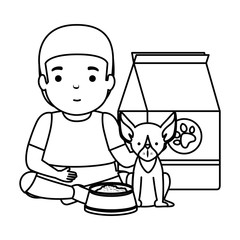 cute little boy with dog and food bag