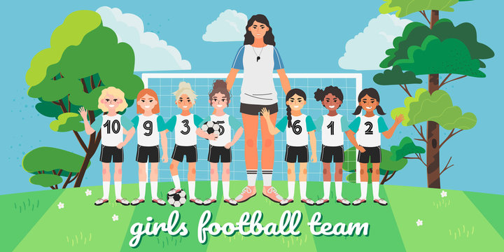 Vector illustration of a girl football or soccer team. Football field picture with children and their coach. Creative banner, flyer or landing page for a kids football team, club or championship.