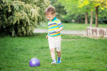 Happy little boy playing with inflatable ball on the grass in the park