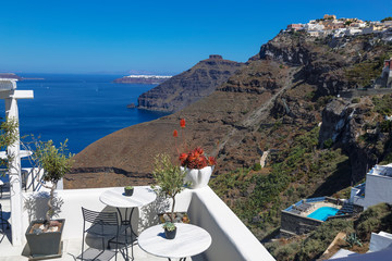The terrace view café, the Caldera and the Aegean sea. Fira, Santorini, Greece
