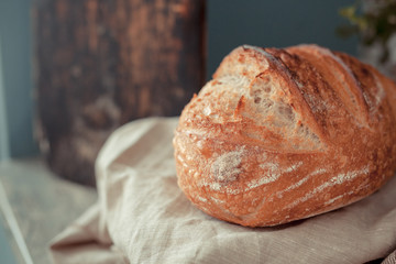 Baking ingredients placed on wooden table, ready for cooking. Concept of food preparation, Making bread at home, kitchen on background.