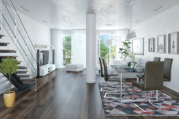 3d Illustation - Modernes Loft mit großen Fenster - Helles Wohnzimmer mit einem Esstisch und einer großen Couch