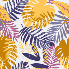 Obraz premium Seamless pattern with colorful tropical plants. Vector design. Flat jungle print. Floral background.