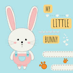 Cute cartoon with a rabbit. Children's media, children's clothing, card. Vector illustration.