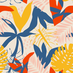 Bright summer tropical seamless pattern with abstract plants on a light background. Vector design. Jungle print. Floral background.
