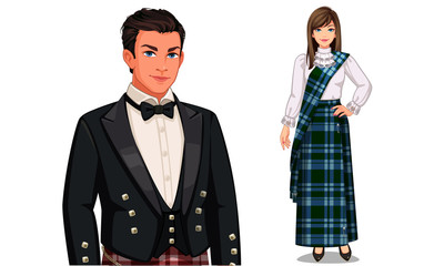 Vector illustration of Scottish couple in traditional dress