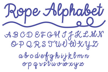Sea style rope-characters font, nautical letters, decorative alphabet. Vector illustration EPS 10.