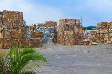 Fototapeta na wymiar Bangkok/Thailand-May 23,2019: Thai recycle industry cardboard garbage and paper waste after pressing in hydraulic baling garbage press machine to a square dense for transportation to recycle factory 