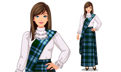 Vector illustration of Scottish women with traditional outfit