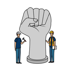 builders workers with helmets and hand fist