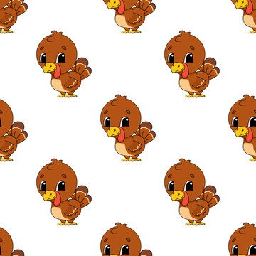 Happy turkey. Colored seamless pattern with cute cartoon character. Simple flat vector illustration isolated on white background. Design wallpaper, fabric, wrapping paper, covers, websites.