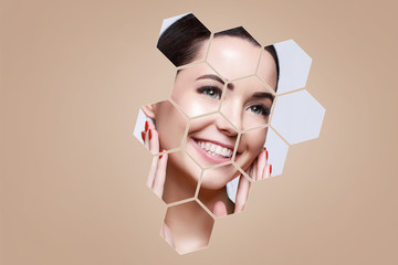 Portrait of model with natural nude make up touching her face in beige hexagon frames. Beautiful...