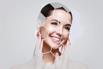 Portrait of model with natural nude make up touching her face in gray hexagon frames. Beautiful...