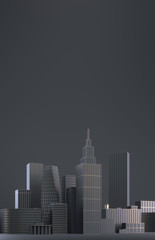 Fototapeta na wymiar Modern City skyline, city silhouette, 3d illustration in black and gold design. Copy space and black matte background.