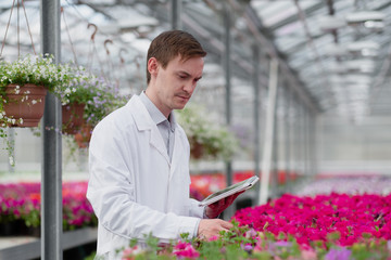 A young man in a white coat, a scientist biologist or agronomist examines and analyzes the flowers...