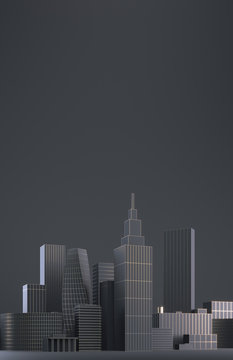 Modern City skyline, city silhouette, 3d illustration in black and gold design. Copy space and black matte background.