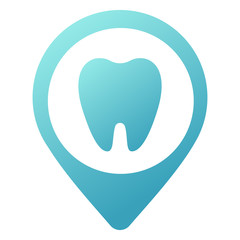 simple blue icon of dental clinic isolated on white. Trend modern logotype or graphic design emblem. concept of address finder mapping and locate of dentistry clinic. Location pin. Location icon