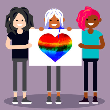 Human rights parad illustration; group of women with rainbow heart emblem; flat style love parad art, girl charcters for lgbt infographic.