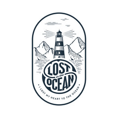Lost Ocean Lighthouse oval white Vector illustration.