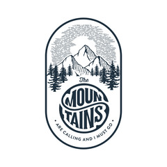 Mountains are calling oval white Vector illustration