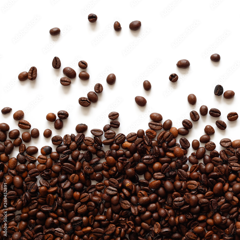 Poster Coffee  beans isolated on white background with copyspace for text. Coffee background or texture concept.