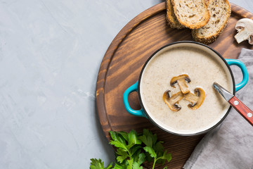Delicious mushroom champignon soup on grey concrete table. View from above. Space for text.