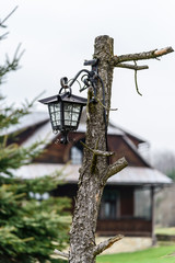 Pieniny mountains, near Czorsztyn Lake.  Stylish lamp and villas in the background in cloudy day