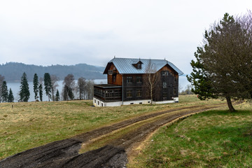 Pieniny mountains, near Czorsztyn Lake.  Villas from beginning of 20th century locatad on bank of the lake. 