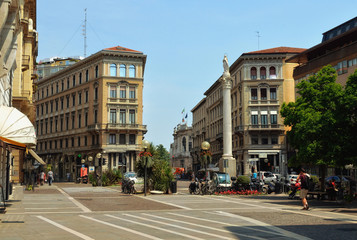 View down an old, narrow street in Padua, Italy.