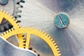 Concept Teamwork or successful business design. Photo background  of old metal gears or parts. Macro