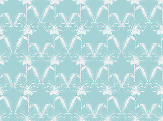 Tender green blue seamless pattern with white sketchy flowers. Teal hand drawn illustration of abstract spring flower, texture for textile, wrapping paper, surface, background