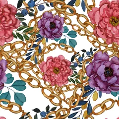 Behang Aquarel naadloze patroon met bloemen en kettingen in vintage stijl. Mode achtergrond. Barok ornament. Mode print ontwerp textuur. Uitstekende achtergrond. © Natallia Novik